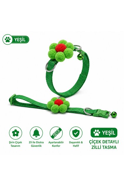 Ponpon Çiçek Süslemeli Zilli Kedi Tasması Ayarlanabilir Emniyet Tokalı - Yeşil