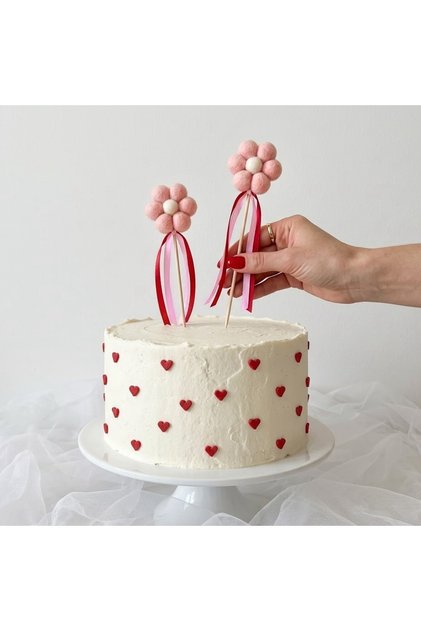 Handmade Pink Pompom Flower Figured Cake Decoration with Ribbon Detail, 2-Piece Cake Decoration - 2 Pieces
