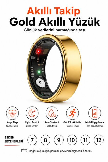 Premium Akıllı Yüzük, Kalp Atışı, Uyku, SpO₂ ve Günlük Aktivite Takibi, ECTRI Mobil Uygulama Destekli, Müzik ve Kamera Uzaktan Kontrolü, Manyetik Şarj, 7–12 Beden Seçenekli, Gold, Siyah ve Gümüş Renk