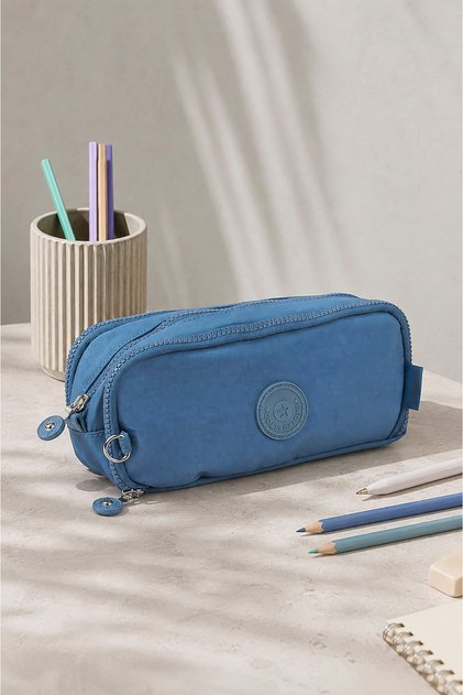 Large Size Crinkle 3 Zipper Pen Holder Mobile Phone Makeup Hand School Bag Wallet Blue 1415K
