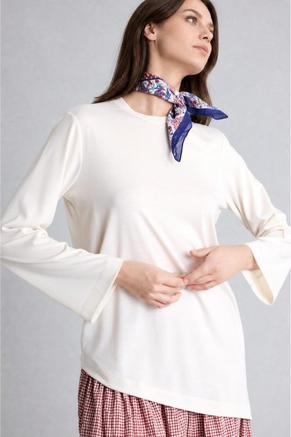 Tricou alb cu mânecă lungă, croială lejeră și tiv asimetric H4445AX26SM