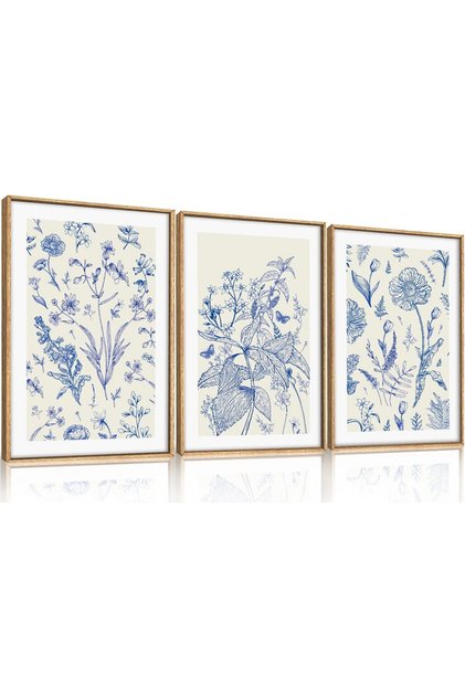 Signtouch Blue White Floral Botanical Wall Art 3-Piece Wooden Frame 40x60 cm