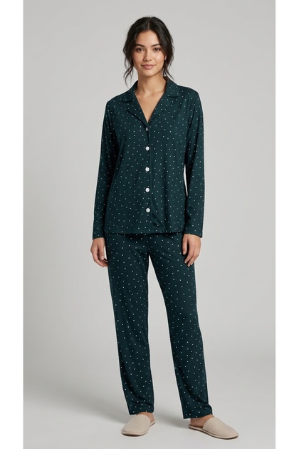 Women's Cotton Polka Dot Detailed Front Buttoned Dark Green Pajama Set