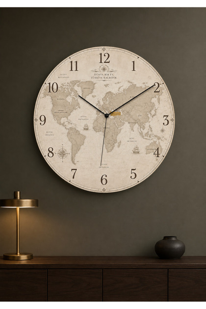 Ceas de perete din lemn imprimat decorativ cu model Harta Lumii 45 cm Mecanism silențios 870