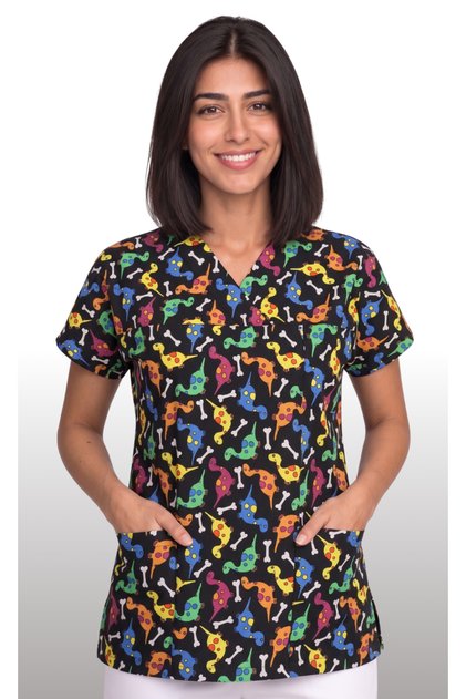 Kadın V Yaka Yarasa Kol Dinazor Desenli Siyah Terycotton Kumaş Doktor Hemşire Scrubs Forma Tek Üst