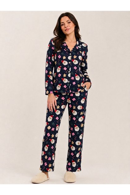Women's Cotton Santa Claus Detailed Front Buttoned Navy Blue Pajama Set