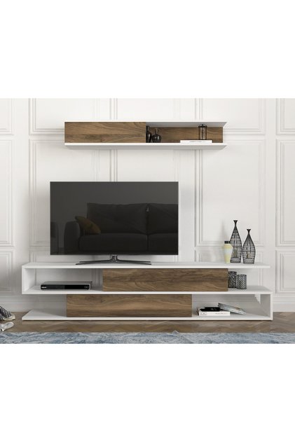 Tv Ünitesi 180 cm - Raflı ve Düşer Kapaklı Modern Tv Sehpası - Duvar Raflı Televizyon Ünitesi Beyaz-Ceviz | Manyetik