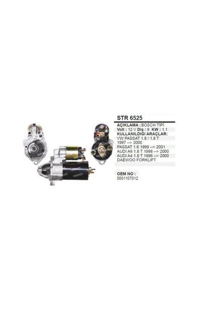 Starter Motor 9Tooth 1,1Kw 12V Passat B5 1.8/1.8t 97-00 1,6 99-01 Audi A6 1,8t 98-00 A4 1,8t 96-00 Str65