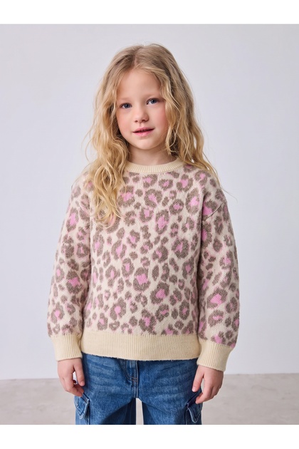 Girl's Leopard Patterned Knitwear Sweater Beige