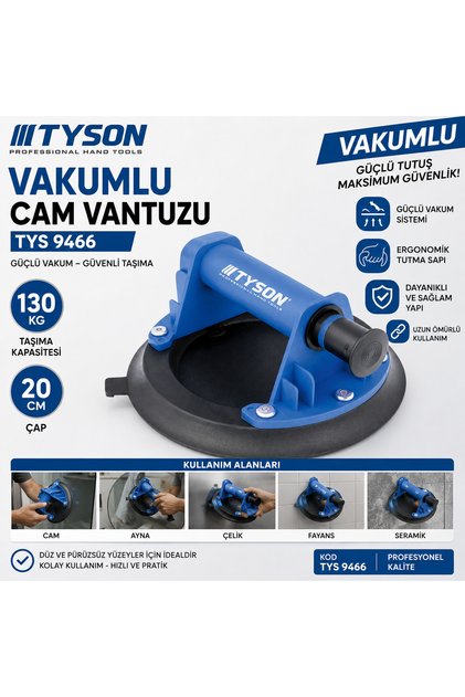 Vakumlu Cam Vantuzu 130 Kg Cam Ayna Çelik Fayans Seramik Kaldırır 20 cm Çap Kod : TYS 9466