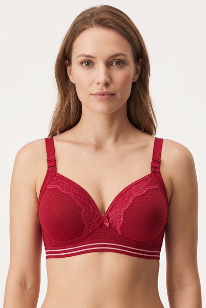 Women's Red Lace Detailed Gathering Unpadded Wide Strap Non-Support Bra
