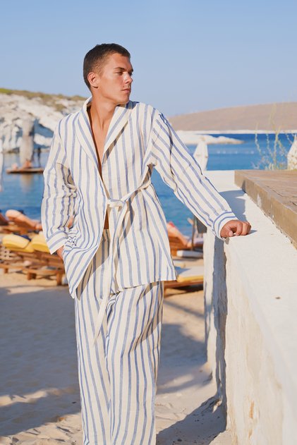 Raw Linen Striped Men's Kimono-Trunks Set