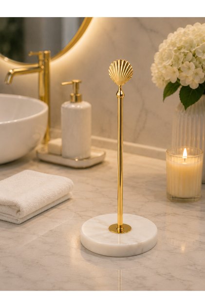 Paper Towel Holder with Shell Figure on Marble Base – Decorative Kitchen Towel Holder with Gold and Silver Color Options