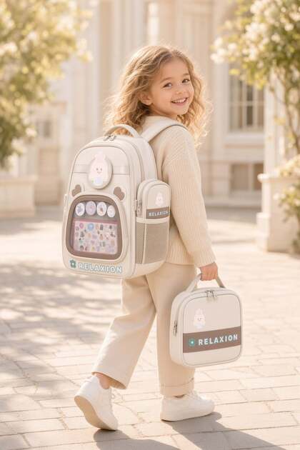 School Bag Set of 3 Beige Cream Backpack Nutrition Pencil Holder Orthopedic Water Repellent Student Set