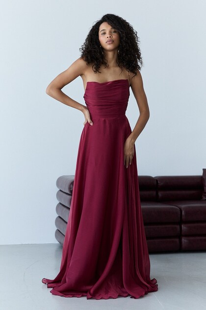 Burgundy Strapless Collar Draped Chiffon Long Evening Dress
