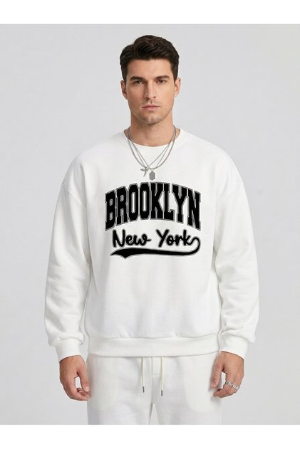 Oversize Sweatshirt Brooklyn New York Letter Printed Crew Neck College Streetwear Sweatshirt