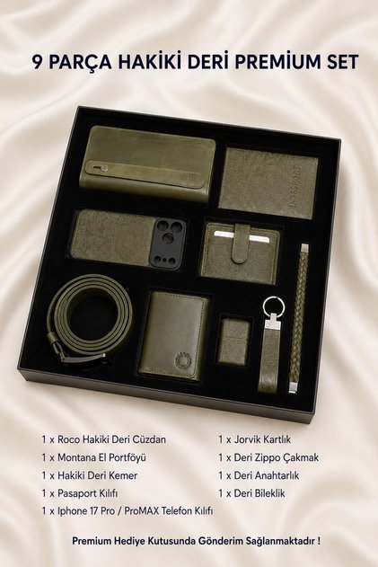 iPhone 17 Pro Compatible 9 Piece Genuine Leather Men's Gift Set Motif Green Wallet Case Belt