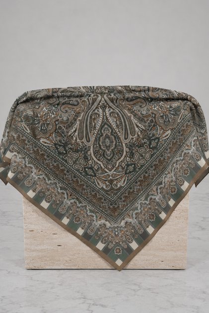 Vintage Saray Desen Coton Eşarp 120 x 120 cm Büyük Boy - Zümrüt