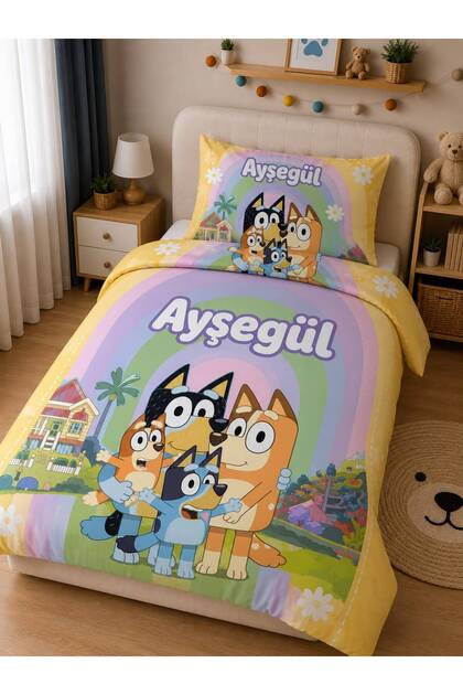 Kişiye Özel, BLUEY Temalı Tek Kişilik Nevresim Takımı ( Çarşafsız )