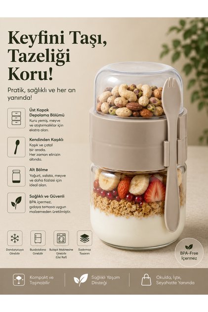 Kaşıklı Çatallı Taşınabilir Yoğurt Kabı Çift Bölmeli Granola Kuruyemiş Saklama Lunch Box Kabı 425+200ml