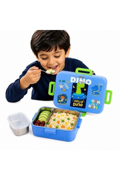 Cartoon Print Bento Lunch Box Stainless Steel Tiffin Box with Partition, Leakproof Square Buckle Design 600ml Container + 100ml Steel Bowl