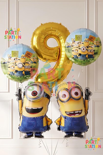 Minions Balloon Set 5 Pieces 9 Years Old Minion Kevin and Minion Stuart Birthday Set Gold Color Number Foil Balloon and Minion Foil Balloon Set