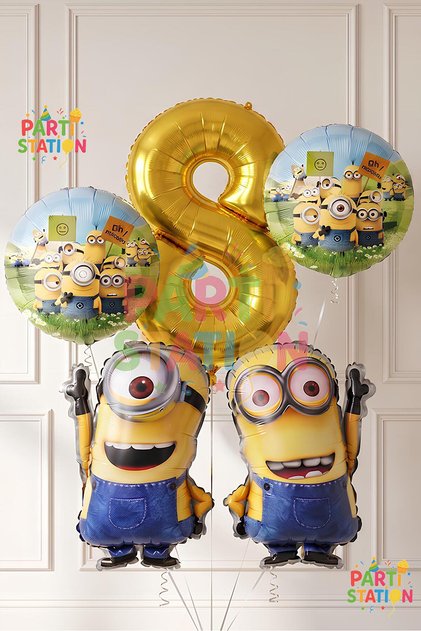 Minions Balloon Set 5 Pieces 8 Years Old Minion Kevin and Minion Stuart Birthday Set Gold Color Number Foil Balloon and Minion Foil Balloon Set
