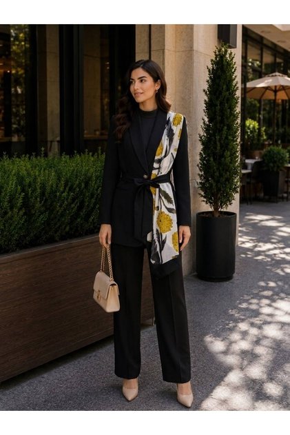 Fularlı Blazer Ceket 3'lü Takım