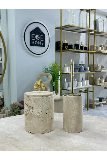 Decorative Natural Travertine Marble Trash Bin / Brush Gold Bathroom Set