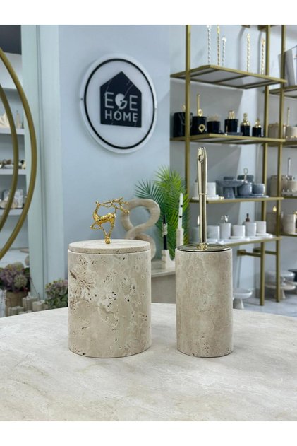 Decorative Natural Travertine Marble Trash Bin / Brush Gold Bathroom Set