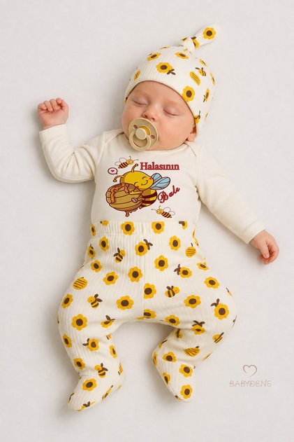 Auntie's Honey Written Bee Patterned 3-Piece Baby Set: 100% Cotton Long-Sleeved Bodysuit with Snap Fasteners, Booties, and Beanie.