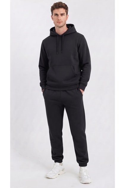 Men's Three Thread Compact Hooded Kangaroo Pocket Soft Textured Cotton Inside Sweatpants Set