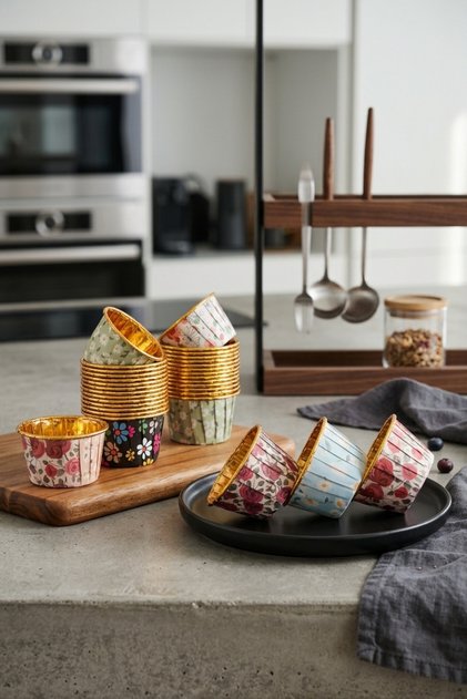 12'li Çiçek Desenli İçi Gold Muffin Kalıbı Cupcake Kapsülü Kek Pişirme Kağıdı