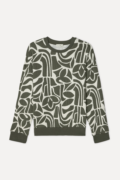 Women's Khaki Embroidered Loose Fit Crew Neck Sweatshirt