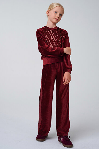 Set de trening pentru fete din catifea burgundy cu detalii din paiete