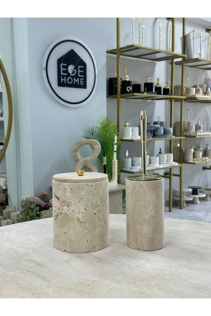 Decorative Natural Travertine Marble Trash Bin / Brush Gold Bathroom Set