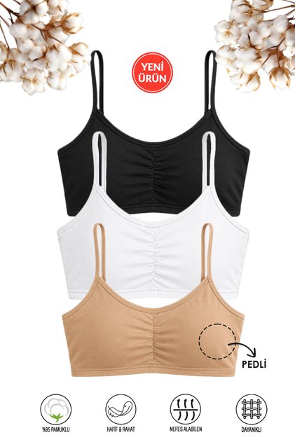 Özkan 43725 3-Pack Girls' 95% Cotton Training Bra with Removable Pads and String Straps