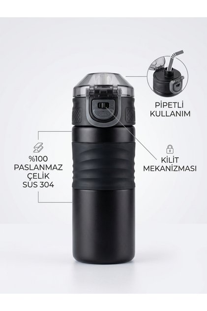 Premium 304 Paslanmaz Çelik Kilit Mekanizmalı Pipetli Termos Matara 450 ml - Ergonomik Silikon Kavrama
