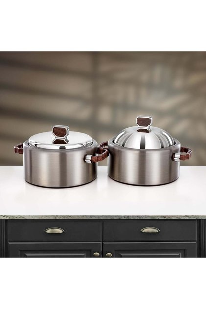 2 Pieces Hot Pot Set, Brushed Matt Nickel & Dark Wood