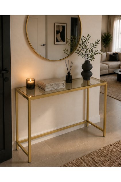 Mat Gold Dresuar Füme Camlı Dekoratif Konsol 90x30x90 cm