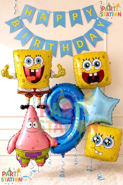 Spongebob Balloon & Patrick Concept Balloon Set 9 Years Old - 7 Pieces Spongebob Themed Blue Balloon Set with Happy Birthday Banner