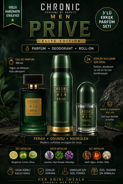 Prive 3'lü Erkek Parfüm Seti – Eau de Parfum 100 ml + Deodorant 150 ml + Roll-On 50 ml