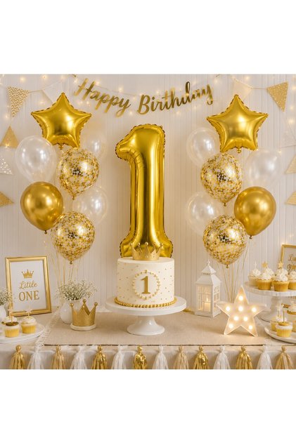 1-9 Years Old Birthday Balloon Set – Gold White Premium Number Foil Balloon, Star and Confetti Balloon Set Transparent Balloon Set Birthday Party Set