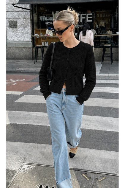 Black Hair Braid Patterned Crew Neck Buttoned Women's Knitwear Cardigan Zs003