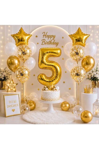1-9 Years Old Birthday Balloon Set – Gold White Premium Number Foil Balloon, Star and Confetti Balloon Set Transparent Balloon Set Birthday Party Set