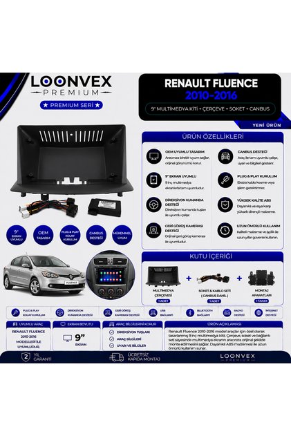 Premium Renault Fluence 2010-2016 9 Inch Multimedia Frame + Socket + Canbus Mounting Kit