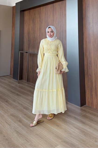 Norah Büzgülü Elbise Sarı