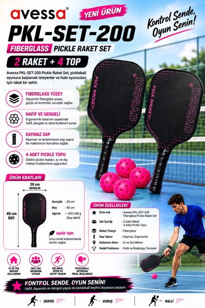 PKL-SET-200 Pembe Fiberglass Pickle Raket Seti – 2 Raket + 4 Top - 40 x 20 cm Raket