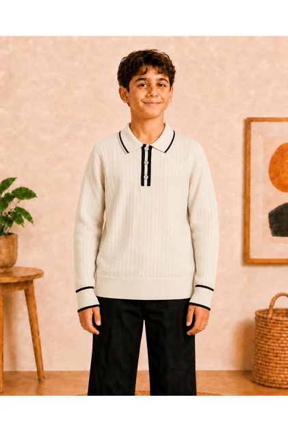 Boys' Polo Collar Buttoned Ribbed Knitwear Sweater Long Sleeve Stripe Detailed Stylish Casual Top 7-15 Years