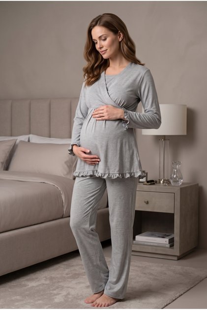 Women's Gray Double-Breasted Collar Long Sleeve Maternity Pajama Set with Breastfeeding Feature